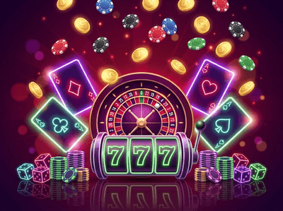 Luxury online casino interface with golden chips and slot machines